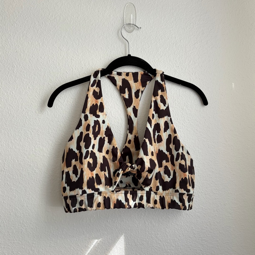 Beach Riot Watercolor Leopard Print Twist Front Sports Bra